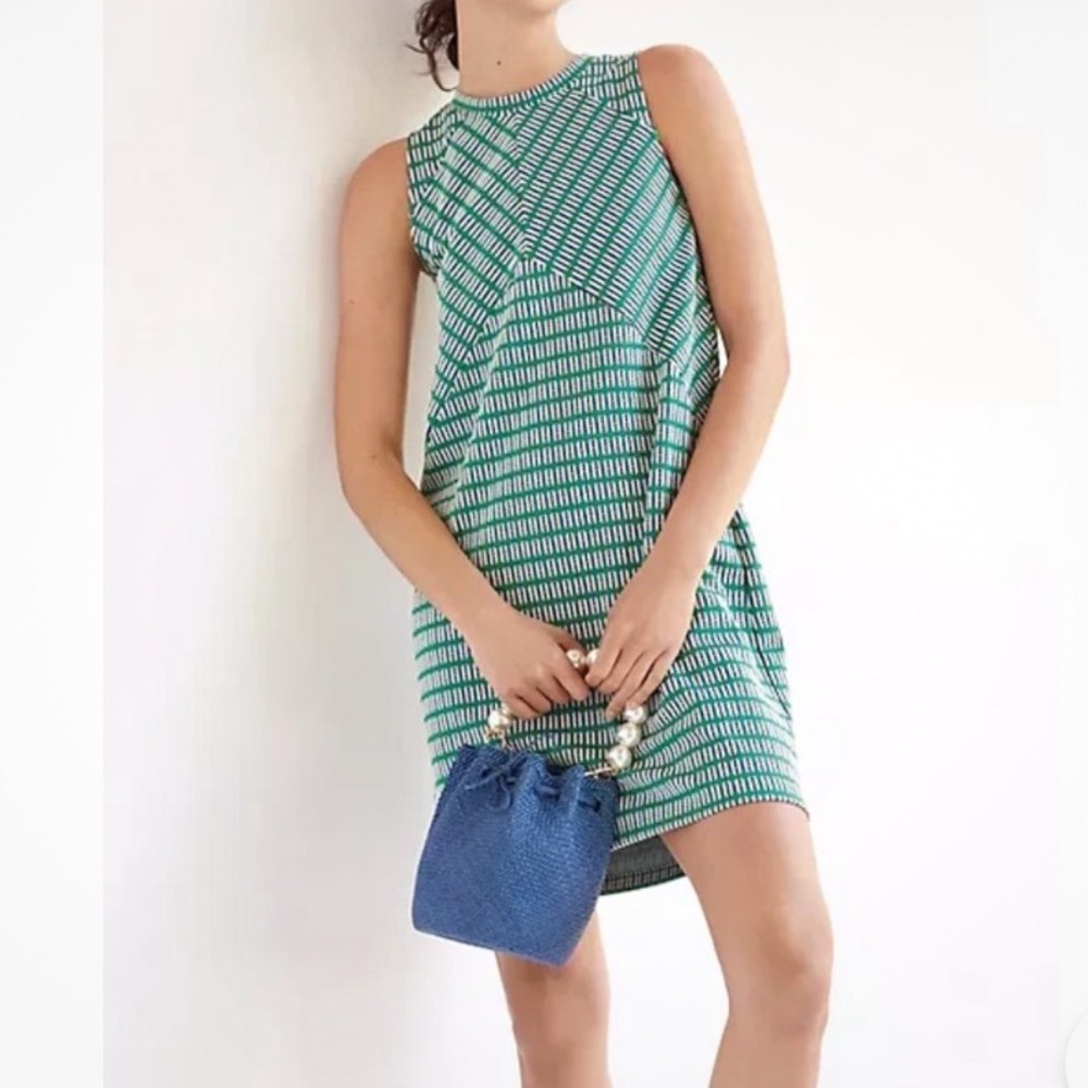Anthropologie Maeve M Seamed Jacquard Mini Dress Knit Green White Geometric